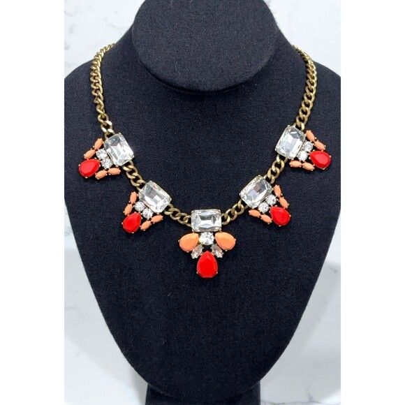 J.Crew Statement Necklace Crystal Rhinestone Red Coral Tone Gold Tone Chain 21" - Picture 1 of 10